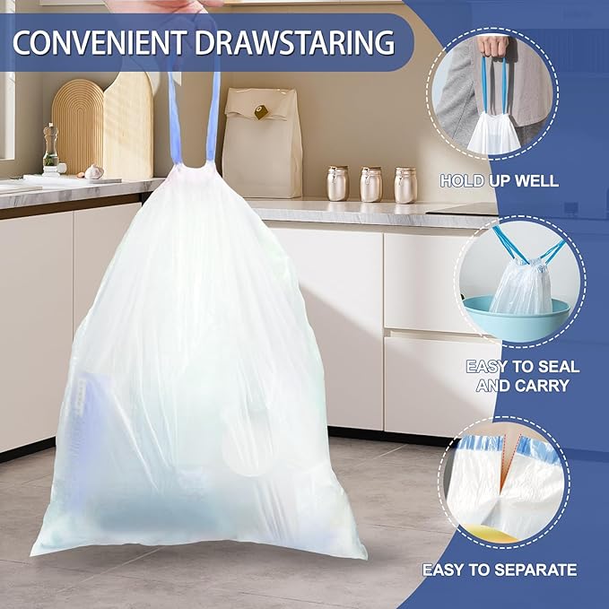 T.FORING 150 Count 8 Gallon Trash Bags Drawstring - 1.2 Mil Heavy Duty Medium Garbage Bags Unscented, 30 Liter Thick Plastic Trash Can Liners for Home Kitchen Bathroom