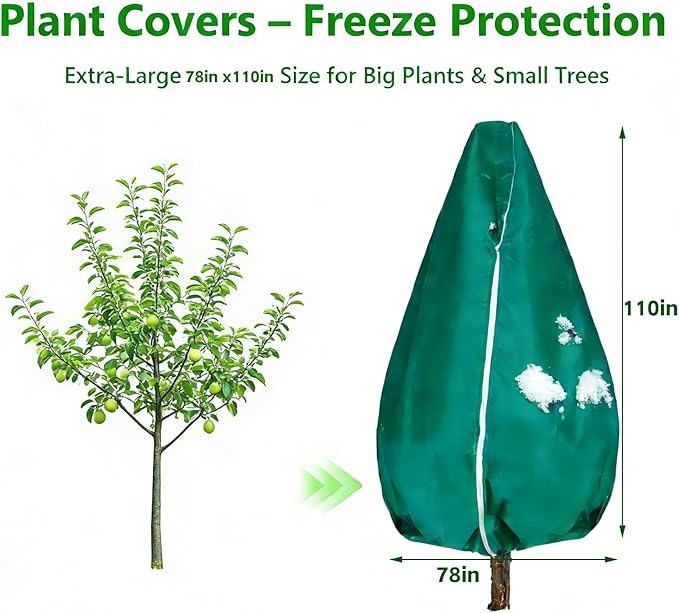 Plant Covers Freeze Protection-78"W x 110"H Extra Large Frost Blankets for Outdoor Plants, 2.4oz/yd² Heavy-Duty Christmas Tree Covers with Zipper & Drawstring – Reusable Winter Plant Freeze Cloth