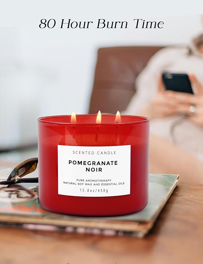 Large 3 Wick Scented Candle 15.8oz | Pomegranate Noir Sweet Fruity Vanilla Candle | Ruby Red Jar Candle | Aromatherapy Stress Relief | Luxury Gift for Women & Men