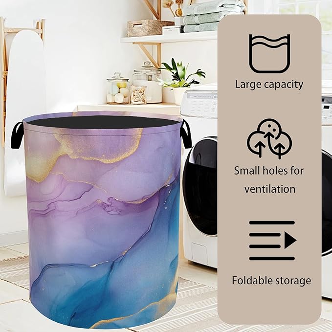 Blue Pink Marble Laundry Basket with Handles - Extra Large Foldable Hamper for Bathroom/Laundry/Bedroom/Dorm, Washable Fabric Storage Bin