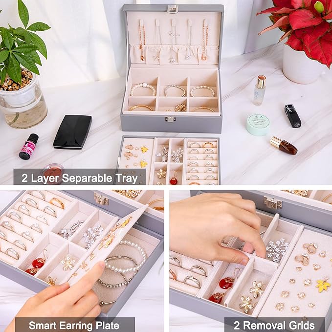 Voova Jewelry Box Organizer for Women Girls,2 Layer Large Men Jewelry Storage Case, PU Leather Display Jewellery Holder with Removable Tray for Necklace Earrings Rings, Grey