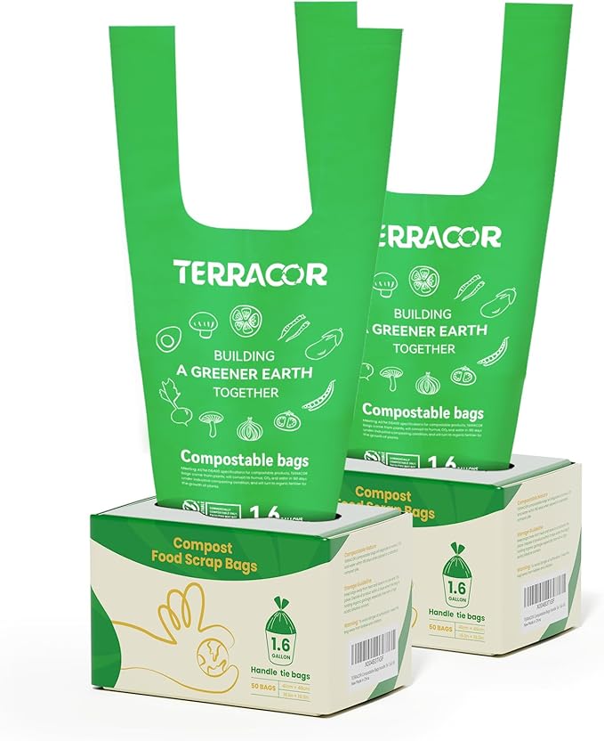 TERRACOR 1.6 Gallon Compostable Food Scrap Bags Handle Tie for Kitchen Countertop Bin, 6 Liter Small Compost Bags, 100 Count (Pack of 2), BPI Certified and Meet The ASTM D6400 Standard