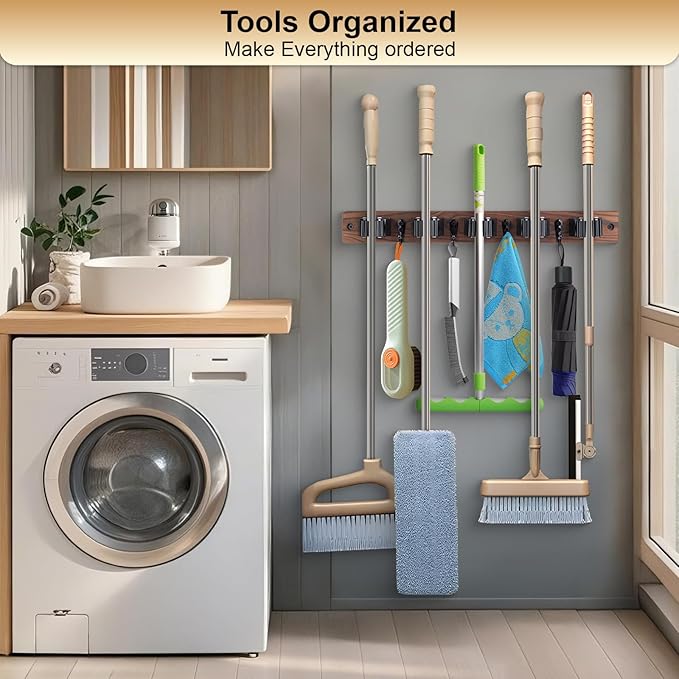 Broom Holder Wall Mount With 5 Slots & 4 Hooks，Rustic Wood Broom & Mop Hanger，Wall Mounted Garden & Garage Tool Storage Organizer Rack for Closet Laundry Room or Kitchen Wall Decor