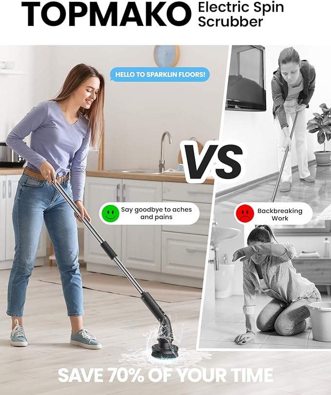 Topmako Electric Spin Scrubber, 2025 New Cordless Cleaning Brush for Home, IPX7 Waterproof Spin Scrubber with 7 Brush Heads, Adjustable Long Handle and 2 Rotating Speeds for Bathroom Tub Floor