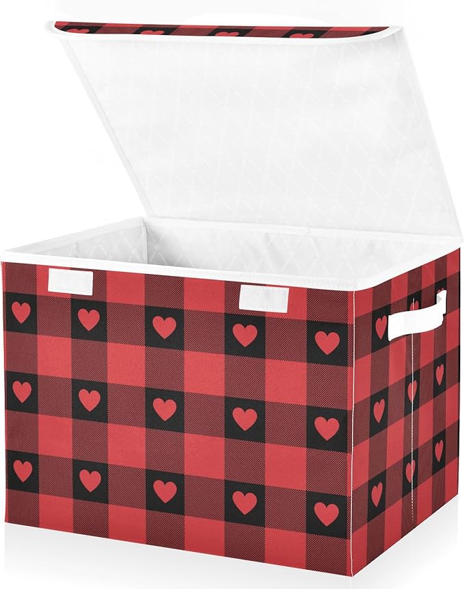 senya Valentines Storage Baskets Collapsible Storage Bins with Lids, Red Buffalo Check Gingham Love Heart Storage Boxes Clothes Baskets for Organizing