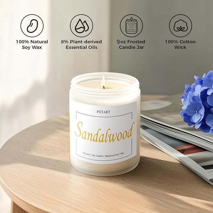 Sandalwood Scented Candles for Home, Natural Soy Wax Aromatherapy Santal Candle Gifts for Women & Men, Handmade Highly Scented & Long Lasting Non Toxic Jar Candle for Stress Relief (9oz