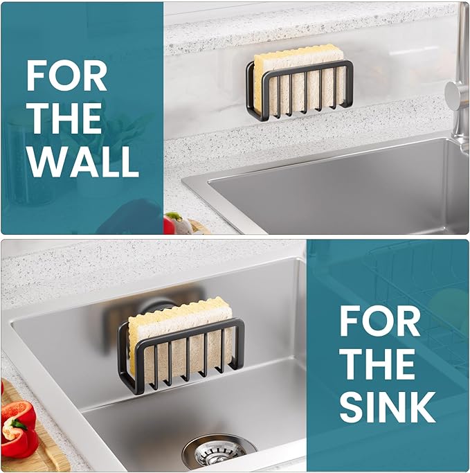 TAILI Sponge Holder for Kitchen Sink with Strong Suction Cup, Rustproof Aluminum Sink Caddy, Removable Sponge Holder, Dish Brush for Scraper - Black