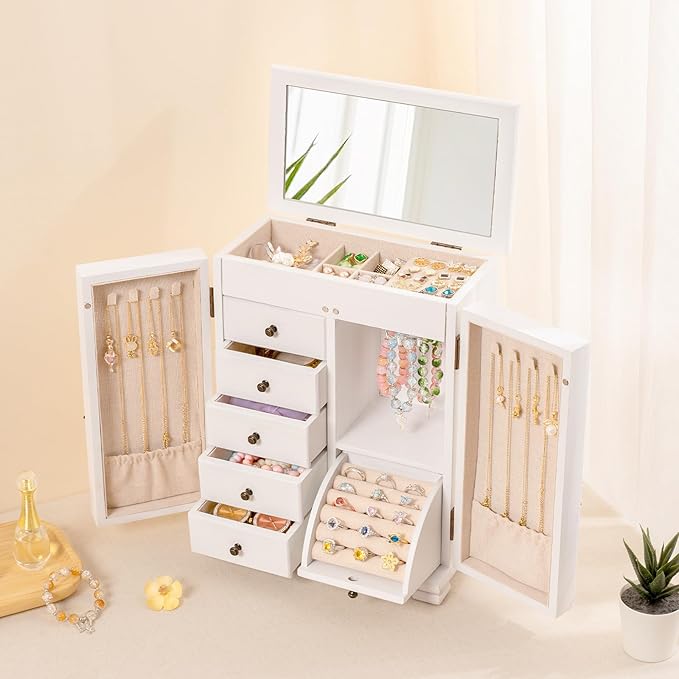 Jewelry Box Organizer, Farmhouse Wooden Jewelry Boxes for Women Girls, 6 Layer Jewelry Case Storage with Bracelet Holder Display Hooks for Necklaces Earrings Rings Bracelets (Weathered White)