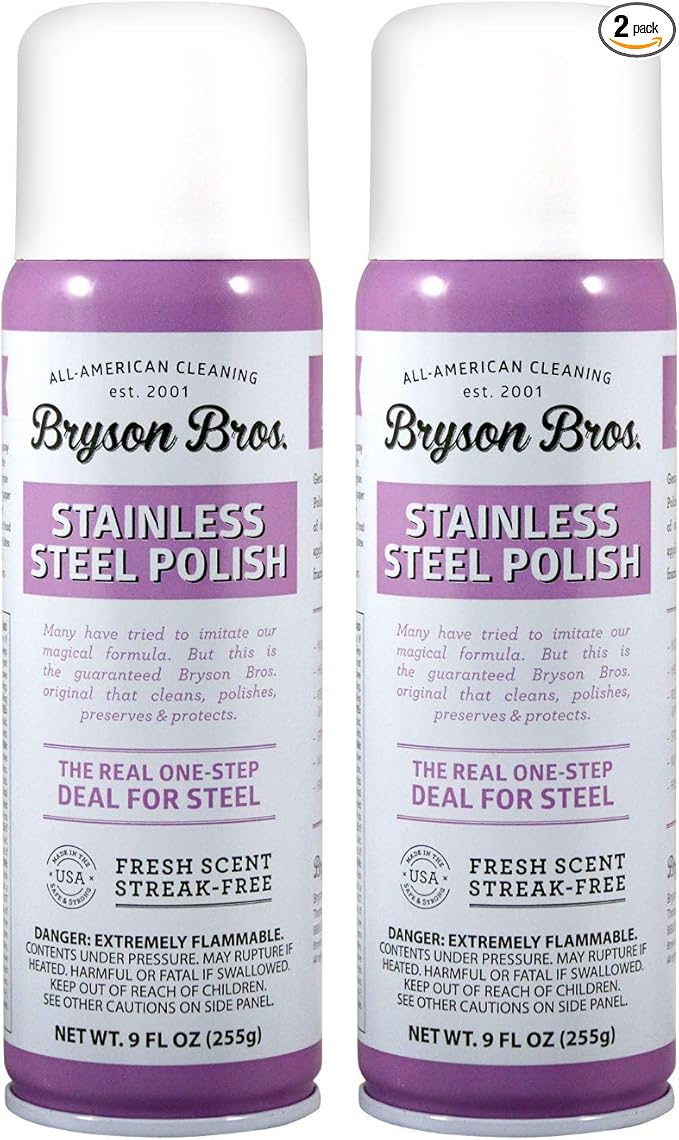Bryson Brothers 9 Fl Oz 2 Pack Stainless Steel Polish (18 Fl Oz) - Cleans, Polishes, Preserves & Protects BBQ Grills, Appliances, Steel Window Frames, Brass and Chrome