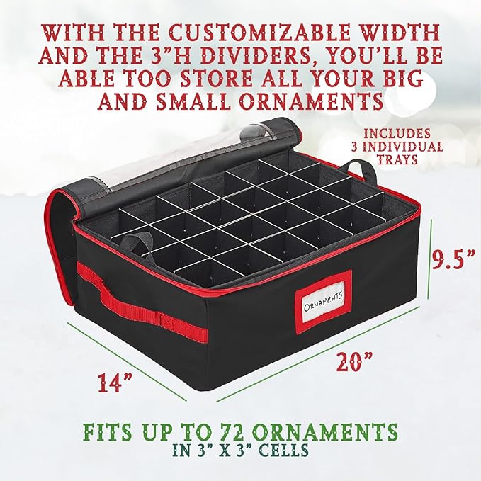HOLDN’ STORAGE Christmas Ornament Storage Box with Dividers - Fits 72-3” Ornaments, 3 Removable Trays, Durable & Space-Saving, Clear Top Lid, Convenient Storage Designed, Black