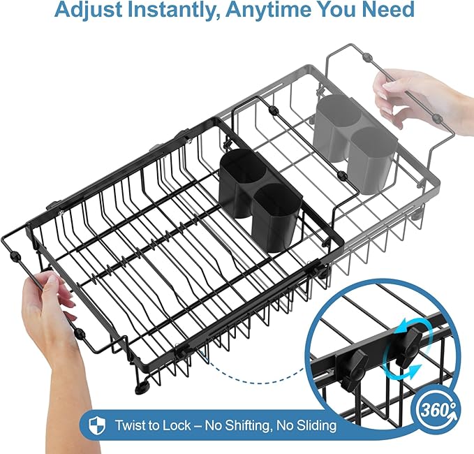 iSPECLE Expandable Dish Drying Rack for Large Kitchen Sink - Rust Resistant Adjustable Over The Sink Dish Drainer with Tightening Knob, Arms with Non Slip Rubber, 12.8" W x 15.8"-20.7" L, Black
