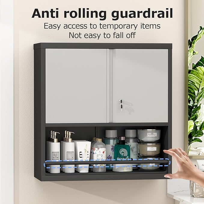 Metal Cabinet Wall Mounted, Garage Storage Cabinets with 2 Door & Adjustable Shelves, Steel Floating Hanging Storage Cabinet, Metal Storage Cabinet for Bathroom, Office, Warehouse