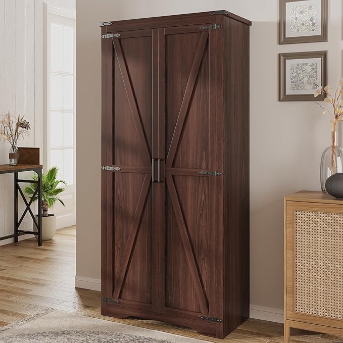 Set of 2 Farmhouse Storage Cabinet with Adjustable Shelves, Large Pantry Organize with 2 Barn Doors, Tall Freestanding Cabinet for Kitchen, Bathroom, Garage, Living, Utility Room, Brown
