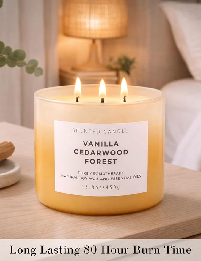 Vanilla Cedarwood Candle 3 Wick Soy Candles for Home Scented, Large 15.8oz Warm Cozy Vanilla Cedar Woods, Relaxing Aromatherapy Candle, Long Lasting Clean Burn, Living Room Bedroom Spa Gift