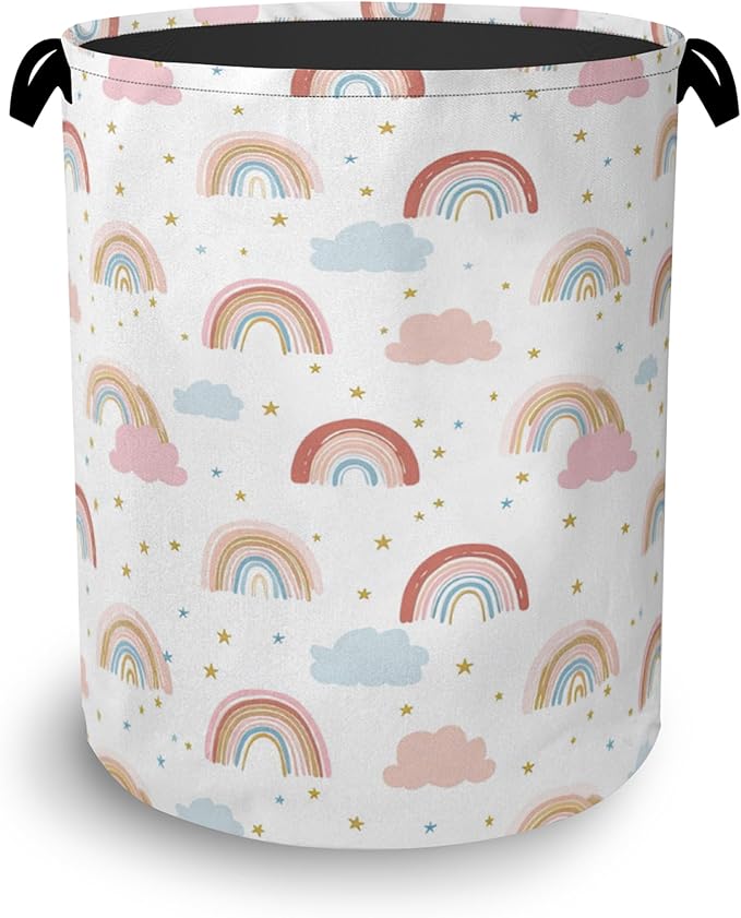 Rainbow Laundry Hamper,Stars Dirty Clothes Laundry Basket with Handles Waterproof Oxford Cloth Storage Basket for College Dorms Bathroom Bedroom 16" x 20.8"