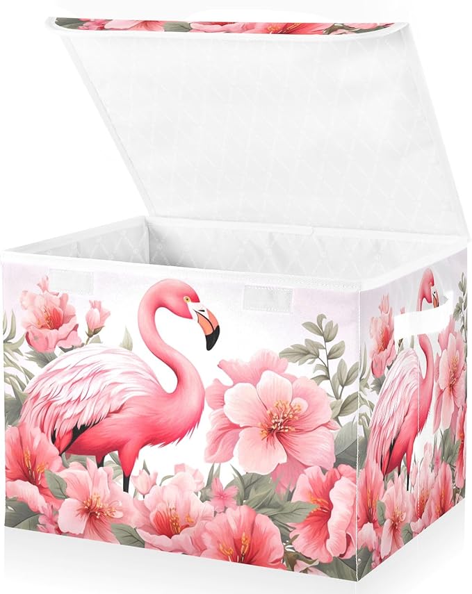 Bolaz Storage Bins with Lids and Handles,Pink Flamingo Storage Box Storage Basket with Cover Collapsible Organizer Containers for Home Closet, Shelves