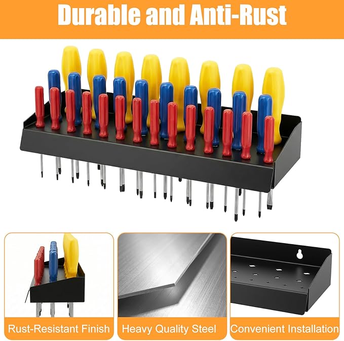 kenaeooe 30 Pcs Screwdriver Organizer, Heavy Duty Black Metal Wall Mount Storage Rack with 32 Holes for Tools, Hand Tool Holder for Garage, Workshop, Home and Shed, 16.57 Inch