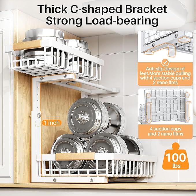 PXRACK(Small Version)1 Pack Under Sink Organizer,Adjustable Height,2 Tier Pull Out Under Cabinet Organizer,Slide Out Thickened Metal Storage Shelf for Kitchen Bathroom Laundry Pantry Cabinet,White