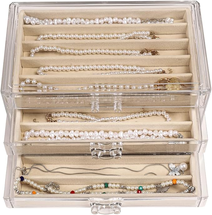3 Drawers Necklace Organizer Box, Tray with DIY Clear Lid, Dustproof Velvet Necklaces Holder Storage Display Case, Necklace Tray Drawer Insert for Pendant Suitable for Women and Girls (Beige)