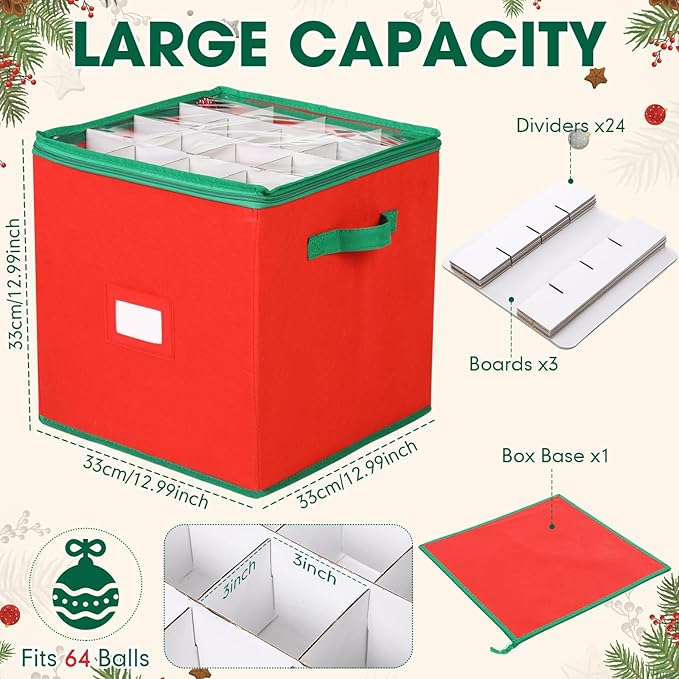 Chengu 2-pack Christmas Ornament Storage Stores up to 64 Christmas Ball Accessories Holder with Adjustable Dividers, Zippered Closure Two Handles for Holiday Ornaments and Xmas Decorations(Bright Red)