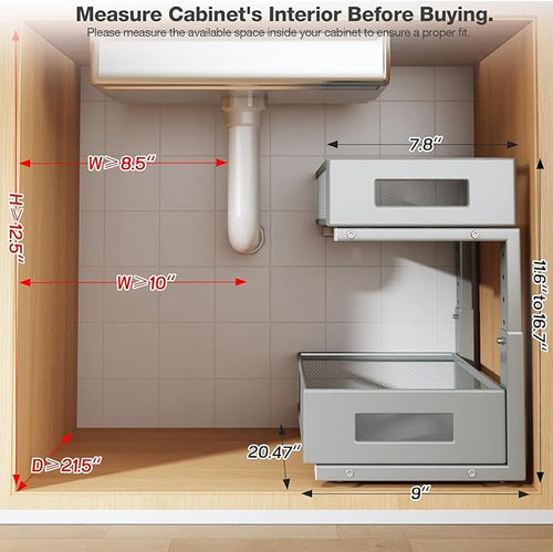 2 Packs 21IN Depth Under Sink Organizer, 2-Tier Pull Out Cabinet Organizer With Smooth Circular Rail, Large Capacity Metal Mesh Sliding Drawers For Bathroom& Kitchen Storage,Height Adjustable-Gun Gray