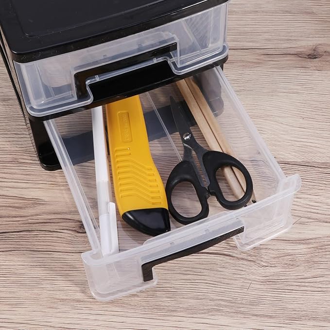 Tofficu Plastic Storage 2 Drawer Storage Tower Multifunctional Storage Cabinet with Clear Drawers Storage Case Organizer for Craft Stationary (2 Layers Black)