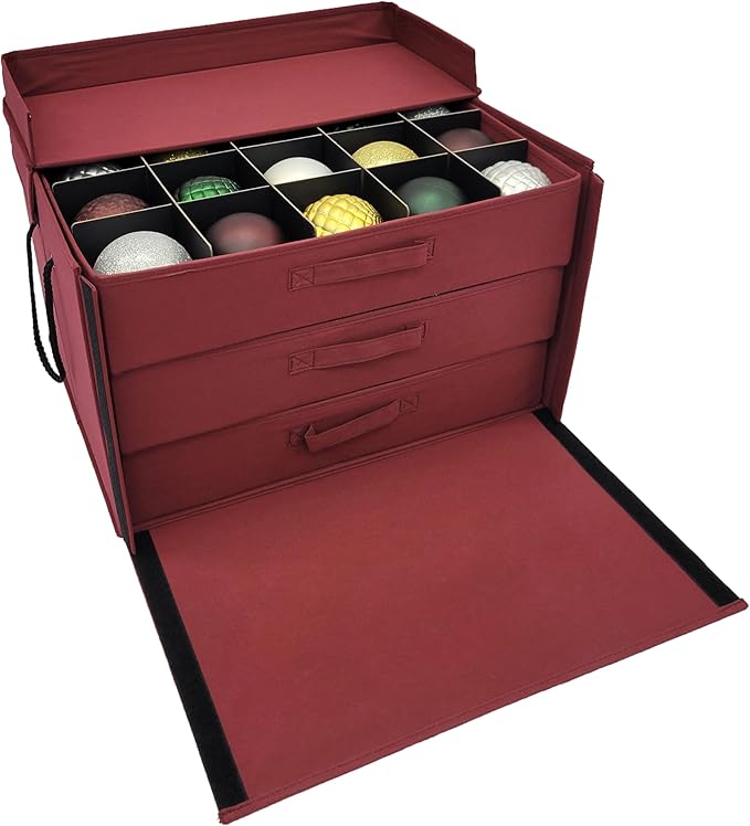 612 Vermont Christmas Ornament Storage Box with 3 Trays, Adjustable Acid-Free Dividers, Holds 60-4 Inch Ornaments