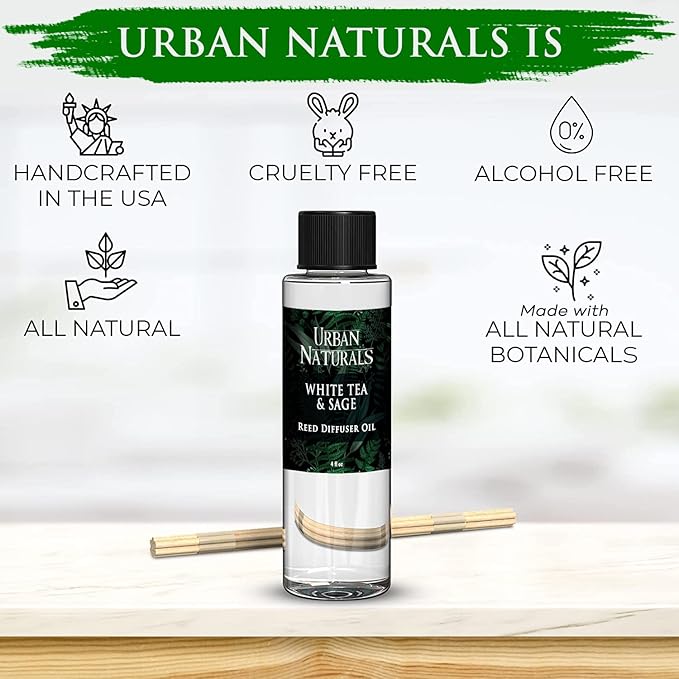 Urban Naturals Reed Diffuser Oil Refill White Tea & Sage, Sparkling Bergamot, Fresh Sage, 4 oz + Free Reed Sticks, Made in The USA