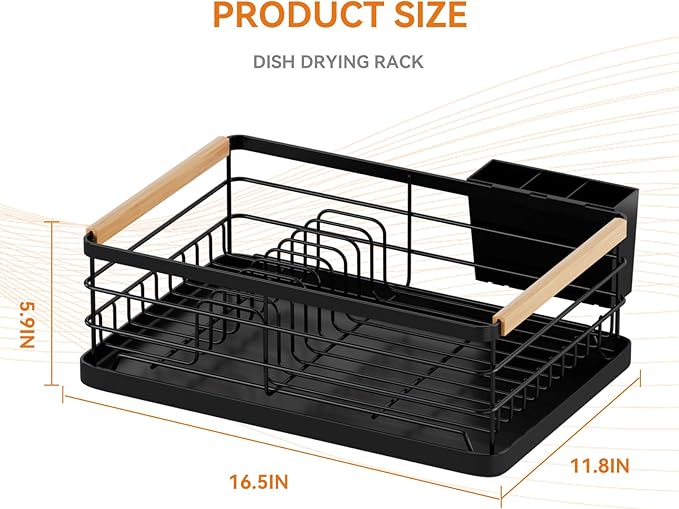 BRIAN & DANY Dish Drying Rack, Dish Racks for Kitchen Counter, Stainless Steel Dish Drainer with Removable Cutlery Holder & Drainboard, Black