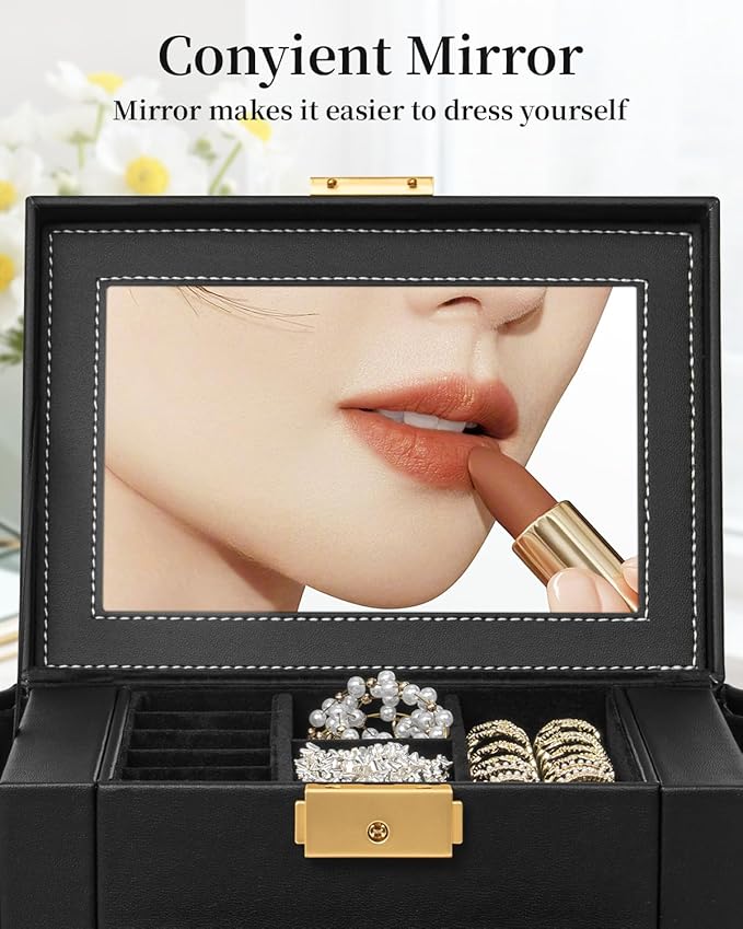 TORIBIO Jewelry Box for Women, Leather Jewelry Organizer with Mirror & Lock, 4-Tier Jewelry Storage Organizer with 3 Drawers for Girls/Women/Mothers, Necklace Earring Bracelets Holder Organizer