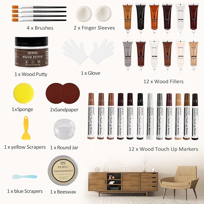 DEWEL Wood Furniture Repair Kit 40 Pcs, 12 Colors Wood Filler and Touch Up Markers, Wooden Putty and Polish Wax, Repair Scratch, Cracks, Hole, Stains for Hardwood Floor, Table, Laminate, Cabinet