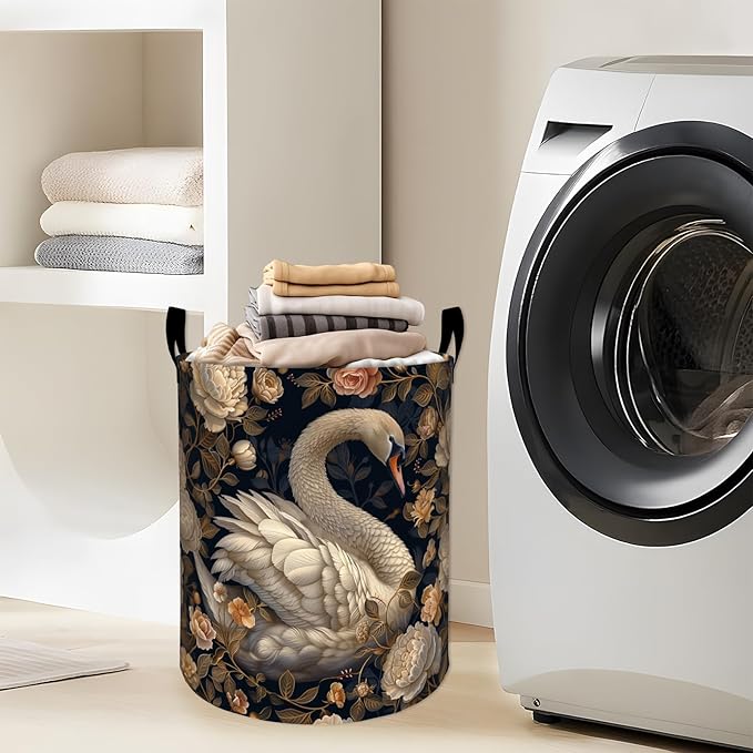 Elegant Swan with Blooming Roses Flowers Laundry Basket with Handles, 19.7"x15.7" Clothes Foldable Laundry Hamper Organizer for Dorm Nursery Bedroom Bathroom Decor, Toy Storage Bin for Kids