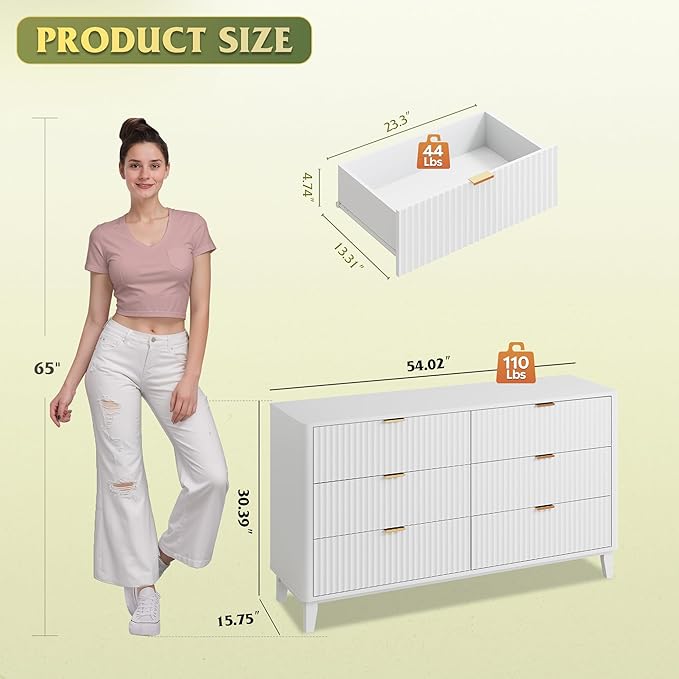 WLIVE Fluted Dresser for Bedroom with 6 Drawers, 54" Wide Wood Dresser with Golden Metal Handles, TV Stand for 65 inch TV, Mid Century Modern Chest of Drawers for Living Room, Hallway, Closet, White
