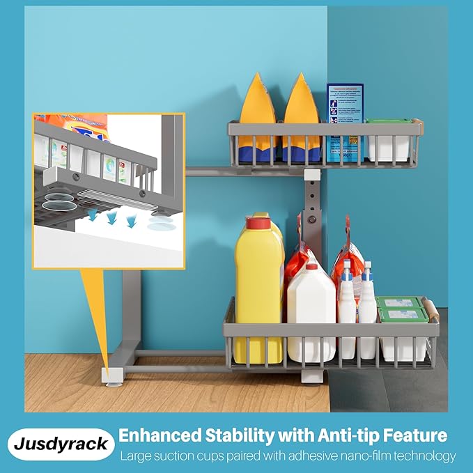 Jusdyrack 1 Packs 2 Tier Grey Under Sink Organizer,Under Sink Organizers and Storage, Slide Out Pull Out Cabinet Organizer Shelf, Metal Sliding Drawer for Kitchen Bathroom Cabinet Organization Rack