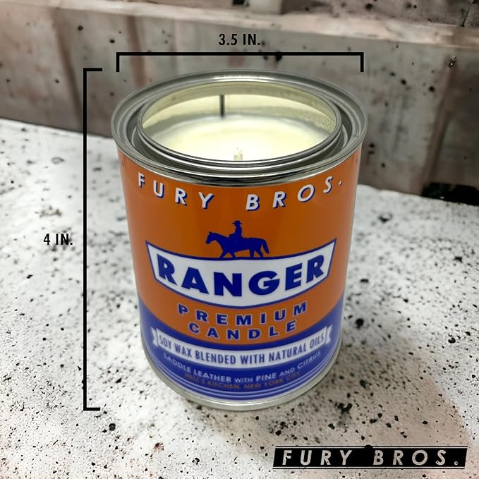 Fury Bros. Scented Candles for Men | Ranger | Saddle Leather Pine Citrus | Natural Soy Wax | Hand-Poured in The USA | Long 70-80 Hour Burn (12.5 oz) | Vintage-Inspired Tin Design | Dad Home Gift