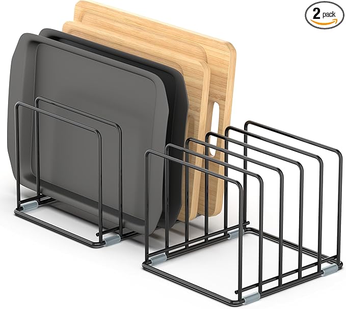 VAEKUCEAN Cutting Board Organizer, [2-Pack] Kitchen Cabinet Organizer, Divided Rack with 5 Slots for Baking Trays, Cutting Boards - Cookie sheet Organizer Inside Cabinet, Baking Sheets Holder (Large)