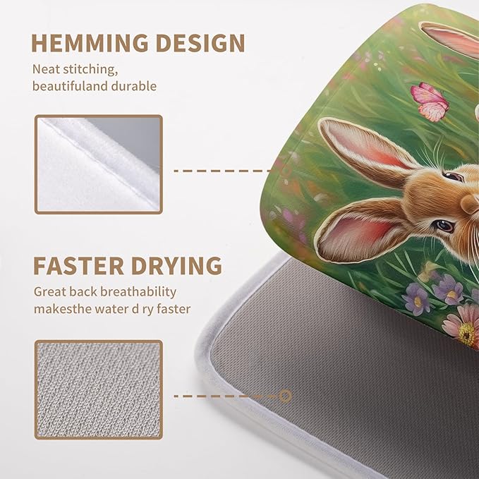 Wnoesat Easter Bunny Eggs Dish Drying Mat for Kitchen Counter 16x18 Inch Spring Easter Rabbit Flowers Drying Mat Microfiber Dish Drainer Rack Mats Absorbent Reversible Dishes Pad Dish Dryer Mat