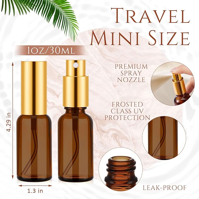 Roshtia 30 Pcs Glass Spray Bottle Clear Empty Bottles Small Refillable Reusable Perfume Bottle with Fine Mist Sprayer Pump for Face Body Travel (1 oz,Amber)