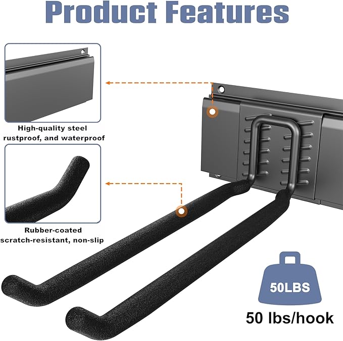 WALMANN Wall Mounted Garden Tool Organizer for Garage, Heavy Duty Folding Chair Storage Rack, 11-Inch Tools Storage Hooks for Shovels, Rakes, Ladders, Hold Up to 400 lbs