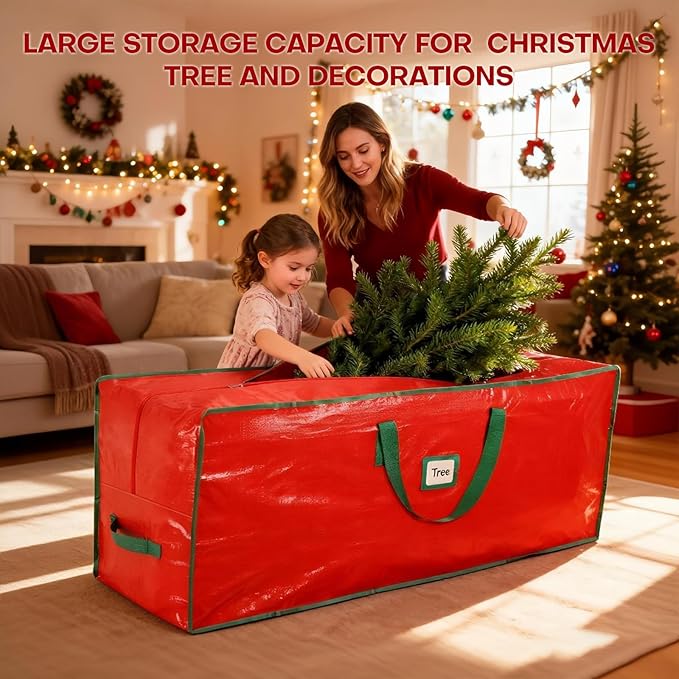 Christmas Tree Storage Bag, For 9ft Disassembled Xmas Tree, Heavy Duty Christmas Tree Storage Bag with Sturdy Handles, Tag Card Slot, Zipper, Dust-Resistant and Water-Resistant（Red）