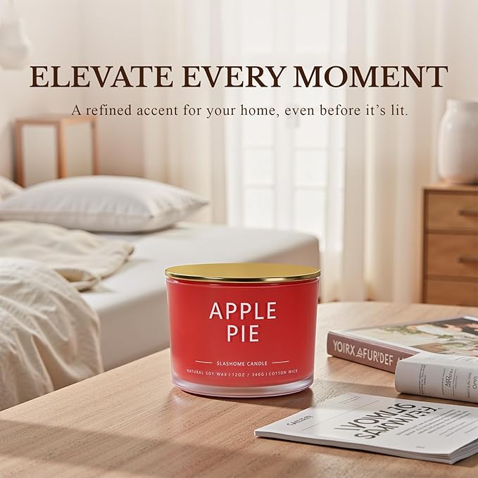 Apple Pie Scented Candle, Luxury Large 3 Wick Soy Candle 12 Oz, 60+ Hour Long Lasting Clean Burn, Elegant Aromatherapy Home Decor, Housewarming & Birthday Gift for Men & Women