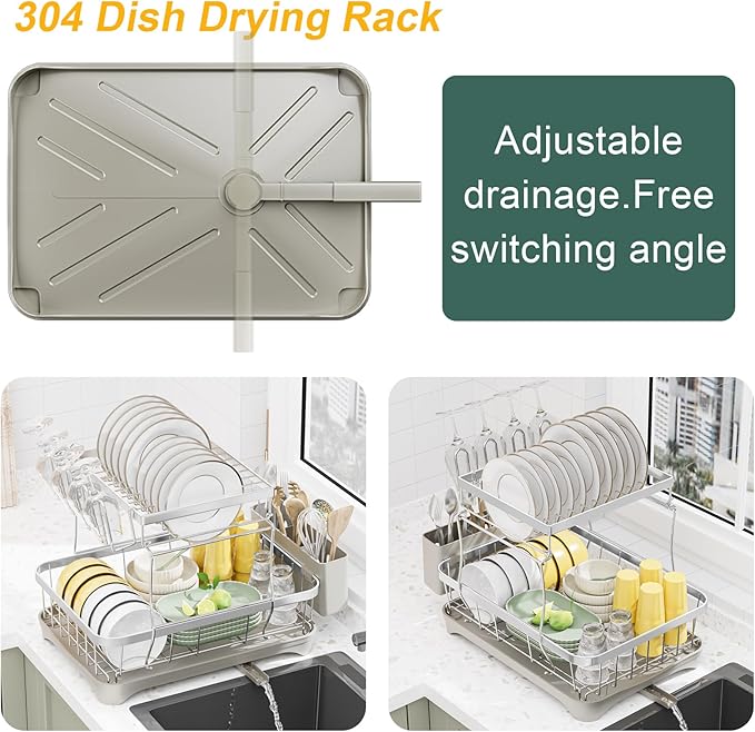 LIYI Dish Drying Rack,Large Dish Rack for Kitchen Counter,2-Tier Dish Racks with draining Tray,Detachable Capacity Dish Drainer Organizer,Grey