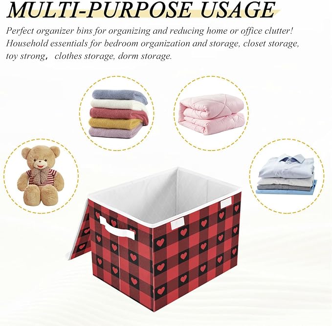 senya Valentines Storage Baskets Collapsible Storage Bins with Lids, Red Buffalo Check Gingham Love Heart Storage Boxes Clothes Baskets for Organizing