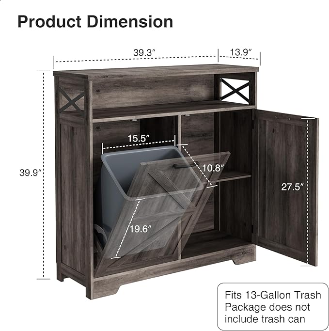 Tilt Out Trash Can Cabinet for 13 * 1 Gallon Trash Can, Farmhouse Kitchen Island Cabinet with Adjustable Shelf for Hidden Laundry Basket, Dog Proof Garbage Can for Dining Living Room, Grey