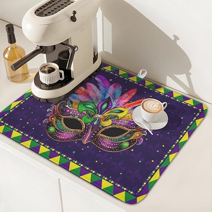 Wnoesat Mardi Gras Dish Drying Mat for Kitchen Counter Masquerade Mask Feather Dishes Drying Mat Microfiber Absorbent Reusable Washable Dishes Drainer Rack Mats 16x18 Inch