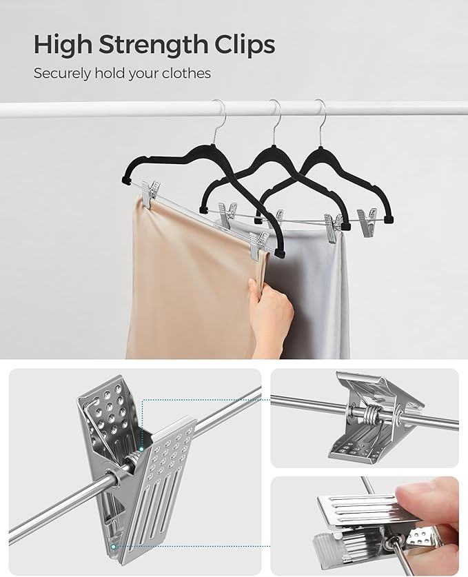 SONGMICS 30 Pack Pants Hangers, 16.7 Inches Long Velvet Trousers Hangers with Adjustable Clips, Heavy-Duty, Non-Slip, Space-Saving for Pants, Skirts, Coats, Dresses, Tank Tops, Black UCRF12B30