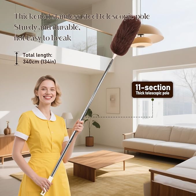 iHUFeather Extendable Lambswool Duster Stainless Steel Handle 133" Removable Feather Duster for Cleaning Ceiling Fans Interior Roof Furniture, Brown