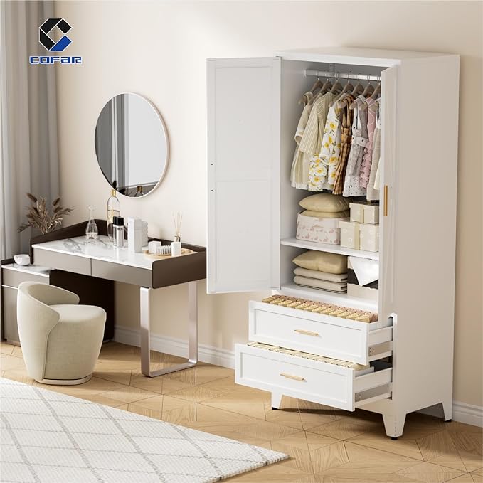 COFaR Metal Armoire Wardrobe Closet with Drawers, 71'' Tall Farmhouse Bedroom Armoires with Doors, Freestanding Steel Wardrobe Cabinet Coat Closet for Bedroom Home Office Garage, White