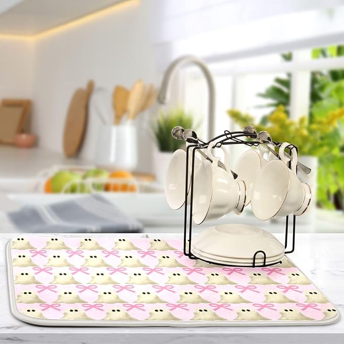 Halloween Ghost Bow Dish Drying Mat for Kitchen Countertop 18x24 Pink Bowknot Spooky Large Drying Mat Reusable Quick Dry Dish Sink Mats Easy Clean Decorative Essentials