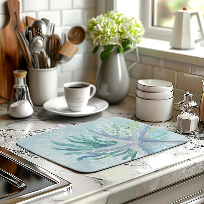 Wnoesat Summer Coastal Dish Drying Mat for Kitchen Counter Nautical Beach Starfish Coral Dish Drying Pad Ocean Teal Blue Dish Mat Absorbent Microfiber Dishes Drainer Mats 16"x18"